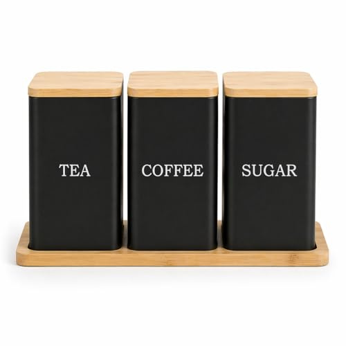 EHC Tea, Coffee, Sugar, Canister Set, Storage Canister Set with Tray - Easy to Open Airtight Lids - Storage Tea, Sugar, & Coffee - Set of 3 Canisters, Black