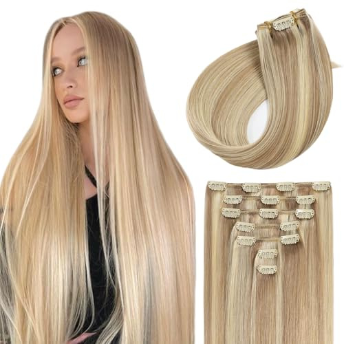 Sunya Clip in Extensions Echthaar Aschblond Mit Platinblond Invisible Echt Haar Extension Clip in 35cm 7 Pcs 70g/Pack Semaless Glattes Haar