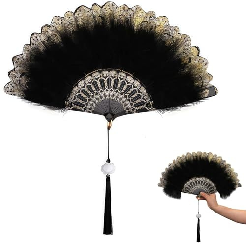 Fächer Hochzeit, Damen Handfächer, Vintage Deko Fächer Schwarz, 20er Jahre Kostüm Damen für Hochzeiten Leistung Tanz Haus Dekorationen Party und Sommer Geschenk