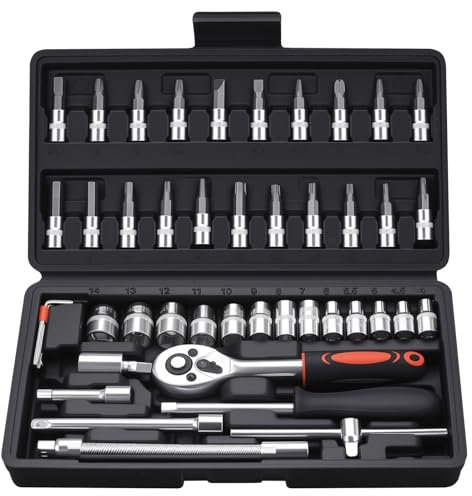 XxinXrong Socket Wrench Set, 46 Pcs Small Ratchet Socket Set 1/4 inch Tool Sets, Metric Drive Sockets with Equipment Extension Bars for Vehicle Auto Motorcycle Repair, Household Tools（Black）