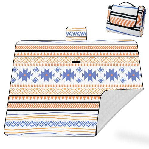 Picknickdecke XXL 200x200 cm – extra groß, wasserdicht & waschbar, modernes geometrisches Muster in Orange & Blau, isoliert & gepolstert, faltbar mit Tragetasche – für Strand, Park & Picknick