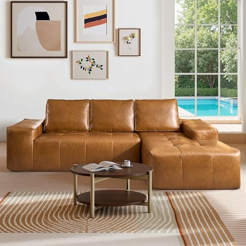 CAODOC 114 Leather Sectional Couch with Comfy Chaise, Boneless L Shape Sofa with Deep Seat, Minimalist Modular Couches Sleeper for Living Room Lounge,Brown