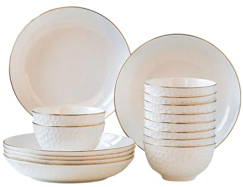 NNYCC Vajilla Plato y Bol Pintado a Mano con Adornos Dorados Hueso Premium con Diseño en Relieve 3D Resistente a Arañazos Apilable Boda Uso DiarioSeguro en Lavavajillas,2 person suit