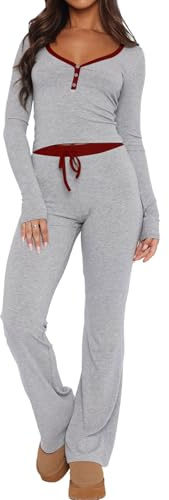 LACOZY Pajama Sets Pullover 2 Piece V Neck Color Block Long Sleeve Casual Top Matching Lounge Y2K Stretchy Slim Fit Gray S