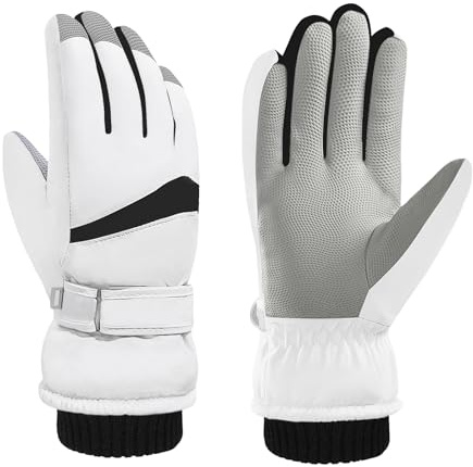 Andiker Women Waterproof Ski Gloves, Winter Touchscreen Thermal Gloves with Fleece, Windproof Snowboard Glove for Skiing Running and Cycling (white-black)