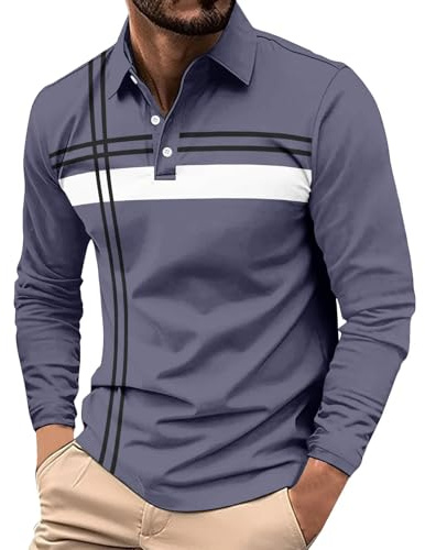 Mens Striped Polo Shirts Long Sleeve Casual Dry Fit Performance Desig Button Collar Golf Polo Shirts