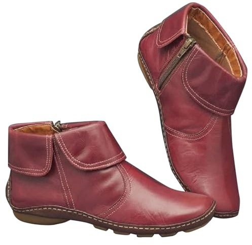 Bottines en cuir pour femme - Marron - Style médiéval - Vintage - Avec fermeture éclair - Chaussures d'extérieur confortables - Petit talon - Bottes de cowboy - Bottines d'équitation, rouge, 41 EU
