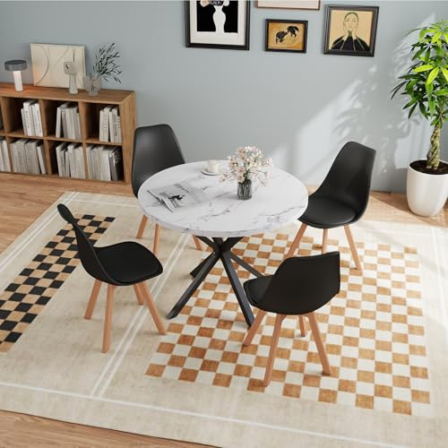 JZGORC Esstisch mit 4 Stühlen, Esszimmer-Set, 100 * 100 * 75 cm, Runder Esstisch aus Holz, 4 Stühle mit Hoher Rückenlehne, Beine aus Holzbuche, (Marmorimitat+Weiß +Schwarz)