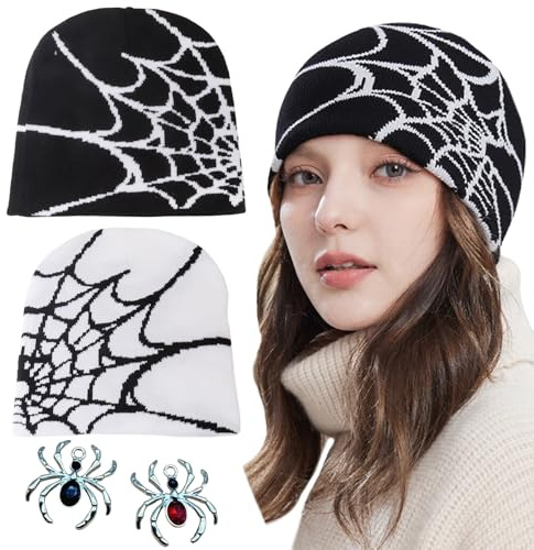 ZenyTra 2er Set Spider Web Strickmützen mit Anhänger | Schwarz & Weiß Unisex Beanie | Y2K Harajuku Streetwear Mütze mit 2 Spinnen Charm | Gr. S-L Baumwolle