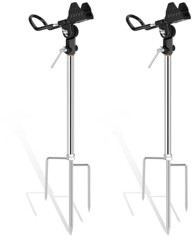 KOMCLUB Angelrutenhalter 2er Set aus rostfreiem Edelstahl | Dreizack Erdspieß sorgt für extrem sicheren Stand auf jedem Untergrund, Einfache Montage & platzsparender Transport