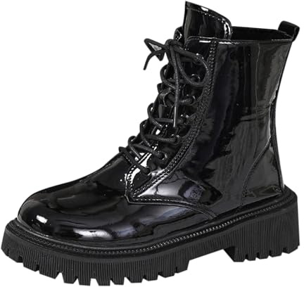 Bottines Femme en Cuir Verni à Lacets Plates Bout Rond Bottes Courtes Elegant Fermeture Éclair Semelle Chunky Antidérapante Légères Tendances Bottines Chaussures Femme Automne Hiver 43