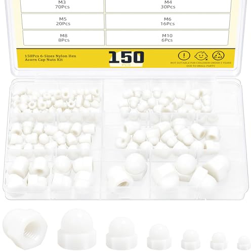 Mardatt 150 Stück M3 M4 M5 M6 M8 M10 Nylon-Hutmuttern, Sechskant Hutmutter Kappenmuttern für Schrauben, mit Aufbewahrungsbox