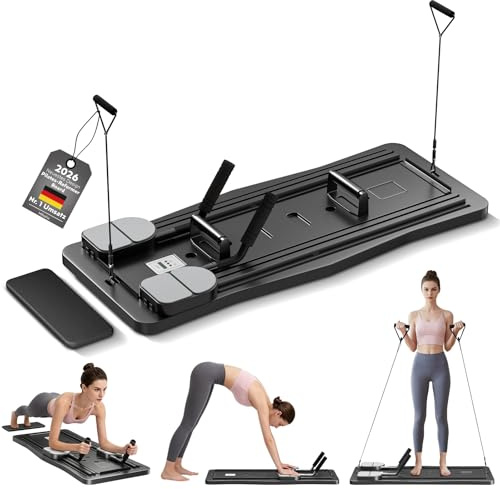 Pilates-bräda, multifunktionell buktränare, bukträningsrulle, automatisk återstöt, träningsutrustning för hem tyst, buktränare & motståndsband (svart)