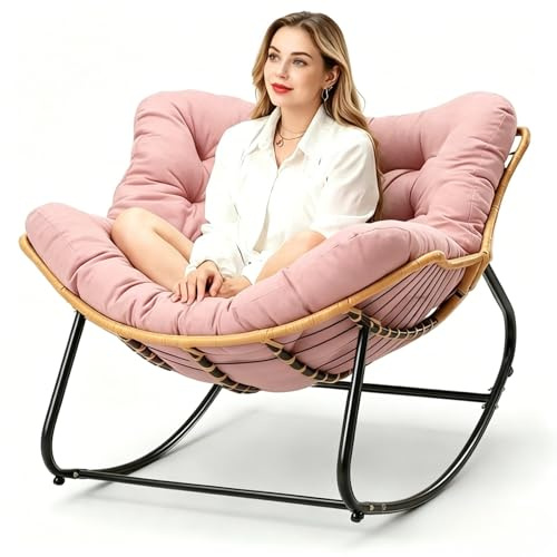 Genérico Mecedora de Ratán para Interior y Exterior, Sillón Balancín con Cojín Extra Grueso de Lino y Algodón, Silla Relax Mullida para Salón, Jardin, Balcón y Terraza, Marco de Metal Negro (Rosa)