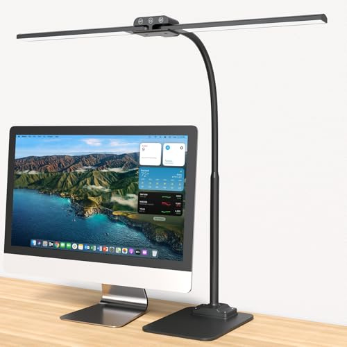 EppieBasic Lámpara de Escritorio LED para Oficina, Flexo LED de Doble Cabezal con Base, Luz de Arquitecto Ajustable, Lámpara Monitor con Temporizador, para Leer, Estudiar y Oficina en Casa - Negro