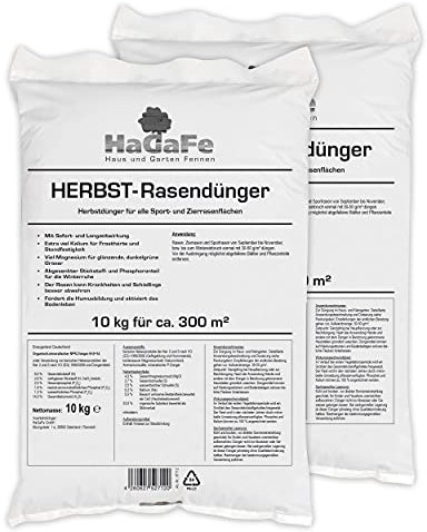 20kg (2 x 10kg) HaGaFe Herbstrasendünger, Herbst - Rasendünger, Dünger, Kaliumdünger für Frosthärte und Standfestigkeit, gut streuwagenfähig, gegen Krankheiten und Schädlinge