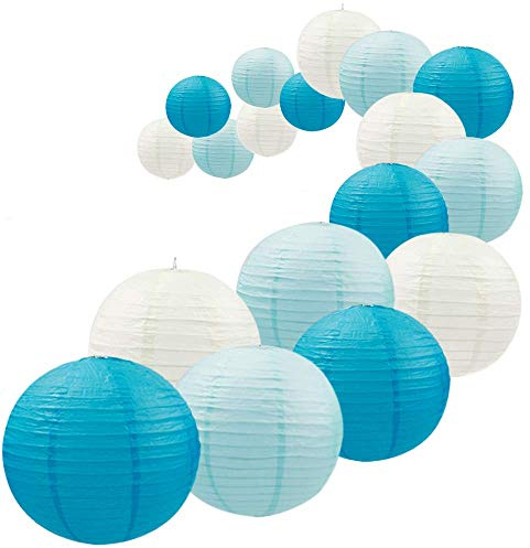 UNIQOOO 18PCS Ocean Blue Paper Lantern Wedding Party Decoration Set, Hanging Japanese Lantern Decor Supply, Easy Assemble, For Home Outdoor Baby Bridal Shower, Birthday Favor Supply, Assorted Sizes