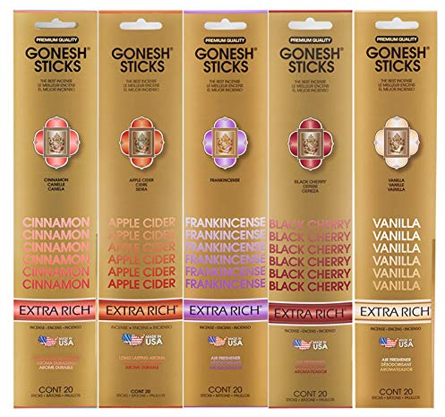 Gonesh Incense Extra Rich Collection Variety Pack, 5 Packs, 20 Sticks Each (Cinnamon, Apple Cider, Frankincense, Black Cherry, Vanilla)
