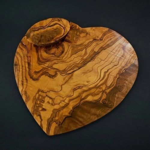 What the Art!® Olive Wood «Valentino» Gr. M | Olivenholz Schneidebrett inkl. Dip-Schälchen | Handarbeit | 24 x 22 x 2 cm | Käsebrett - Servierbrett - Brotzeitbrett - Vesperbrett