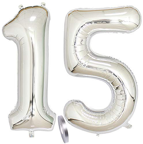 2 globos numeros 15,número 15 numérico plateado para niñas niños infantil,40 figuras number plateados globo inflable gigante de papel helio para cumpleaños 15 años decoración de fiestas (xxxl 100cm)