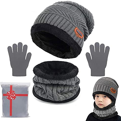 Yutdeng Tricotés Enfants Ensemble d'hiver Bonnet écharpe Gants 3 en 1, Doublure Molleton Doux Bonnet tricoté Chaud Cache-Cou Extensible Gants,Gris,Taille unique