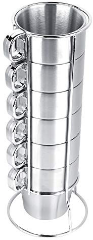 Juego de tazas de agua, tazas pequeñas de acero inoxidable para café, té, cerveza, con soporte para tazas, juego de tazas de café apilables para uso en interiores, oficina en casa, picnic al aire libr