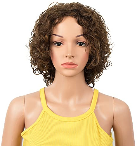 DÉBUT Short Bob Wigs with Air Bangs Short Curly Wavy Human Hair Bob Wigs for Women 10 inches 120g 130% Density (10 inches, auburn brown)