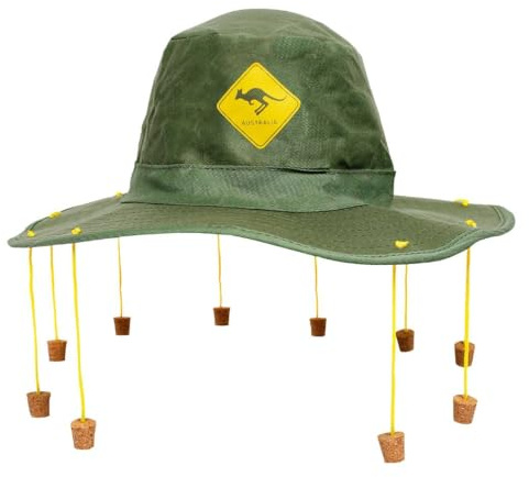 Australian Kangaroo Cork Hat - Green Aussie Fancy Dress Hat with Yellow Kangaroo Print & Hanging Wooden Corks - Adjustable Costume Accessory for Australia Day, Themed Parties and Events