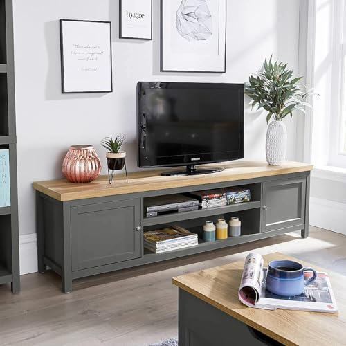 Home Source TV Stand 180cm – Dark Grey & Sonoma Oak Effect, 2 Cupboards and 2 Shelves | 180W x 39D x 50H cm | Fits TVs up to 70 Inch