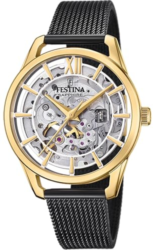 Festina Montre Automatique Femme Acier Inoxydable 316L Noir - Montre Femme - Verre Saphir Haute résistance F20629/2