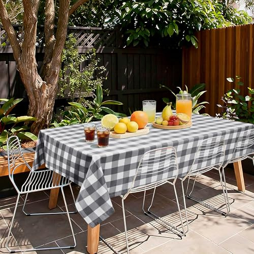 Hiasan Tischdecke Outdoor Wetterfest Karierte Abwaschbar, Grau und Weiß | 110x140cm, Tischdecken aus Polyester, Wachstischdecke Wasserabweisend, Tischtuch für Bierzeltgarnitur Esszimmer Party Garten