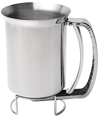 QUINTRA Distributeur de pâte à crêpes en acier inoxydable, idéal pour les cupcakes, la cuisson, le bec Easyflow, indicateur de mesure en ml et les tasses en verre avec couvercle (argenté, taille