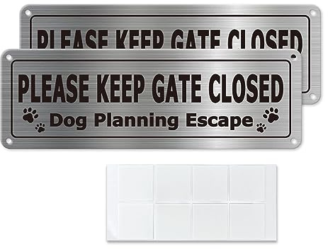 Please Keep Gate Closed Dog Planning Escape Sign Aluminium 30 × 10 cm Waterproof Durable Reflective Metal Warning Sign for Indoor Outdoor Business Office with Removable Adhesive 2 Pack