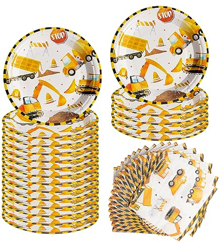 Byggarbetsplats festservis för 20 gäster, grävmaskin papperstallrik barnfödelsedag, servetter pappersstallrik, födelsedagsdekoration pojke flicka fester