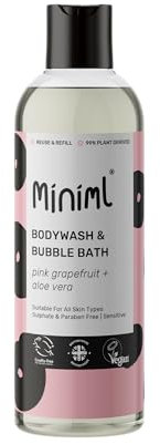Miniml All Natural Body Wash and Bubble Bath - 500ml Moisturising Pink Grapefruit and Aloe Vera Sensitive Skin Eco Shower Gel Bath Soak - Vegan Friendly High Foam