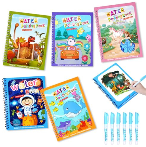 OSDUE Vattenmålarbok för småbarn, 6-pack vattenmålarbok för småbarn, måla med vattenböcker, pedagogiskt lärande klotterleksak, återanvändbar icke-rörande konstbok reseleksaker och julklapp för barn