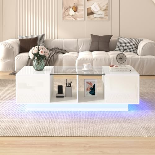 Mesa de centro de alto brillo, 120 x 37 x 50 cm, mesa auxiliar, mesa de salón con estante de cristal, dos puertas, gran espacio de almacenamiento, efectos de luz LED multicolor (blanco, 120 x 37 x 50