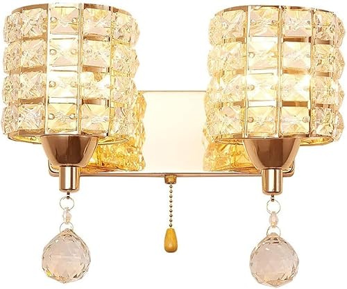 HAvern Wall Light 2-Light Gold Crystal Wall Sconce with Switch On Off, Modern Nordic Bedroom Wall Mount Lamp Indoor Cylinder Glass Wall Light Fixture for Bedside Living Room Aisle Hallway