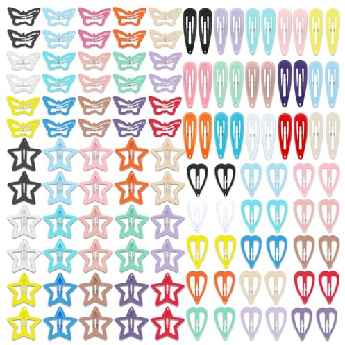 120Pcs Hair Clips for Girls,Non Slip Metal Snap Hair Clips for Kids Star & Butterfly hair accessories (4 Styles and 15 Assorted Colors)