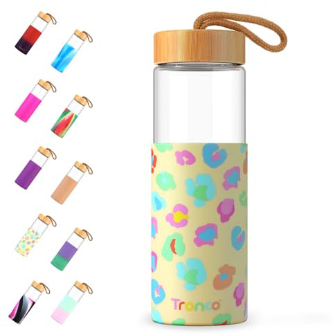 Tronco 24oz Borosilicate Glass Water Bottle with Bamboo Lid, Non-Slip Silicone Sleeve, Leak-Proof and Reusable Glass Bottle Perfect for gifts,Travel, Gym, and Everyday Use, BPA-Free, Dishwasher Safe