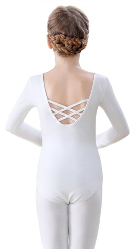 FONLAM Maillot de Ballet Danza para Niña Manga Larga Maillot Gimnasia Traje de Ballet Leotardo Baile Algodón Niña (3-4 Años, Blanco)