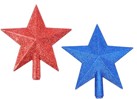 Confezione da 2 puntali glitterati per albero di Natale, mini stelle per piccole decorazioni per albero di Natale, rosso e blu