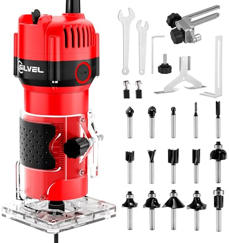 SILVEL Wood Router, 800W Wood Routers for Woodworking, 6.5Amp 1.25HP Hand Wood Router Tool, 30000R/MIN Compact Edge Trimmer with 15 1/4 Router Bit Set, Red