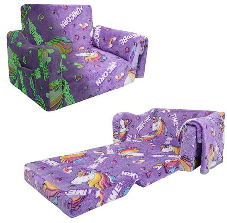 decalsweet Kindersofa Ausklappbar mit Decke,2 in 1 Schlafsofa Kindersessel für Mädchen,Leuchtendes Kinder Couch für Schlafzimmer Spielzimmer Kinderzimmer,Geschenk zum Geburtstag-Lila Einhorn