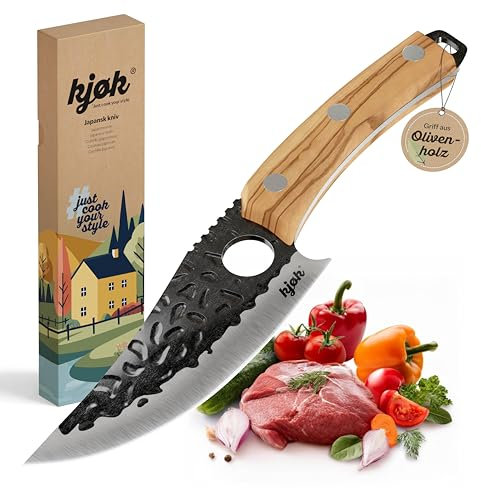kjøk Premium Hack- & Allzweckmesser mit 56±2 HRC Stahl mit Olivenholzgriff, 148 mm stabile und scharfe Klinge mit Loch – Profi Küchenmesser für Fleisch, Gemüse, BBQ - Messer für Outdoor & Camping
