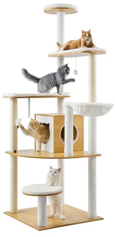 VEVOR Árbol Grande para Gatos de Madera 600 x 600 x 1750 mm Centro de Actividades de Varios Niveles para Gatos con Perchas, Postes Rascadores de Sisal, Hamaca, Casa para Gatos para Jugar y Descansar