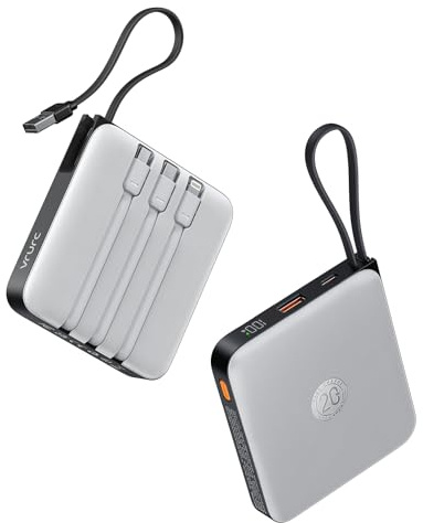 VRURC Powerbank 20000 mAh con cavo piccolo power bank USB C ricarica rapida portatile batteria esterna piccola ma forte con 4 uscite 3 ingressi display LED per iPhone Huawei Samsung ecc