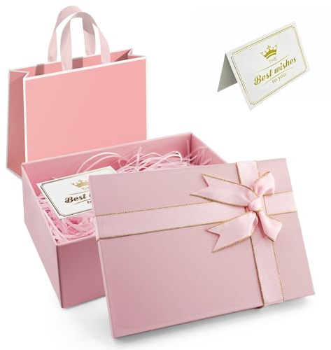 Rosa Geschenkbox mit Deckel, 21,5 x 16 x 8 cm, Dickem Karton. | Inklusive Tragetasche, Schleife, Grußkarte und Bastkordel.für Hochzeiten und Jubiläen.
