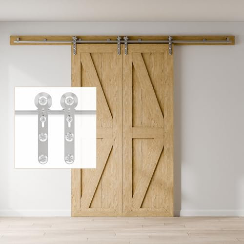 Kit de herrajes para puerta corredera de granero de 1,2 m, placa de gancho de acero inoxidable para puertas dobles, sistema de rodillos montados en la parte superior, soluciones de puerta corredera