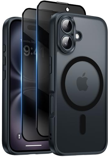HeIssitot for iPhone 16 Case, Privacy Screen Protectors X2, Black | Compatible with MagSafe, Camera Protection, 15FT Military Drop Protection, Translucent Matte Shockproof Phone Cover